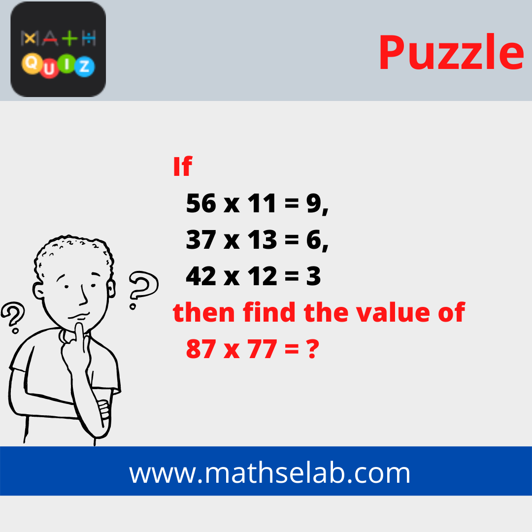 If 56 x 11 = 9, 37 x 13 = 6, 42 x 12 = 3 then find the value of 87 x 77 = ?
