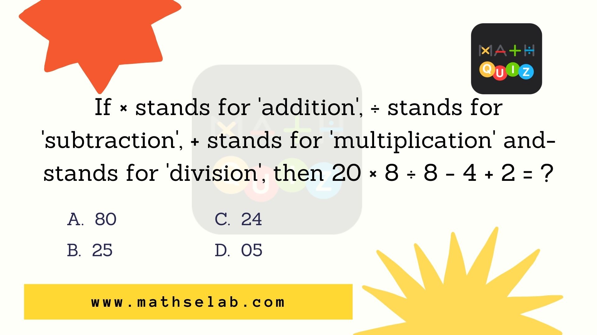 If × stands for 'addition', ÷ stands for 'subtraction', + stands for 'multiplication' and-stands for 'division', then 20 × 8 ÷ 8 - 4 + 2 = ? - mathselab.com