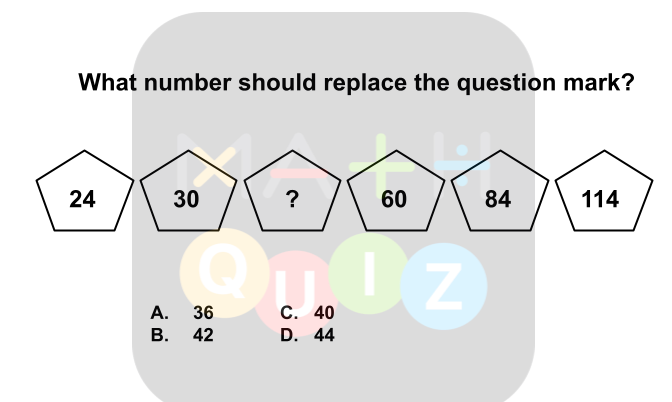 What number should replace the question mark? 24, 30, ?, 60, 84, 114