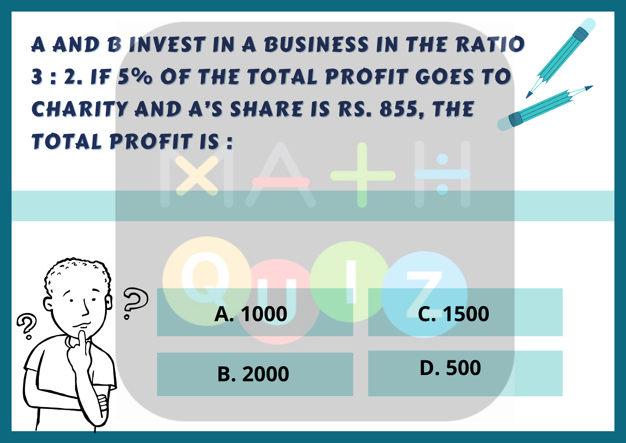 A and B invest in a business in the ratio 3 : 2. If 5% of the total profit goes to charity and A’s share is Rs. 855, the total profit is :____ www.mathselab.com