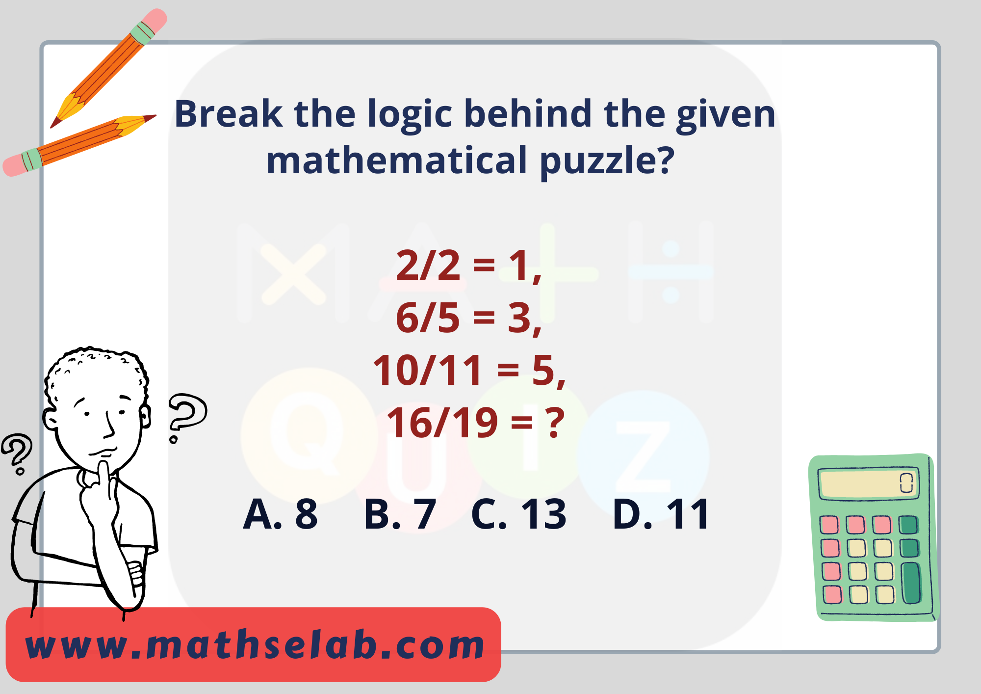 Break the logic behind the given mathematical puzzle 22 = 1, 65 = 3, 1011 = 5, 1619 = - www.mathselab.com
