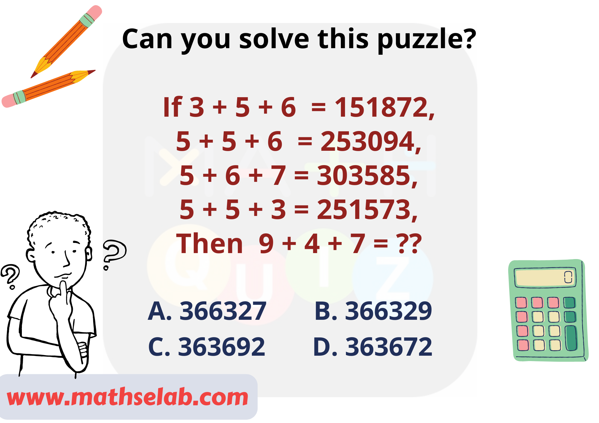 Can you solve this puzzle? If 3 + 5 + 6  = 151872, 5 + 5 + 6  = 253094, 5 + 6 + 7 = 303585, 5 + 5 + 3 = 251573, Then 9 + 4 + 7 = ??