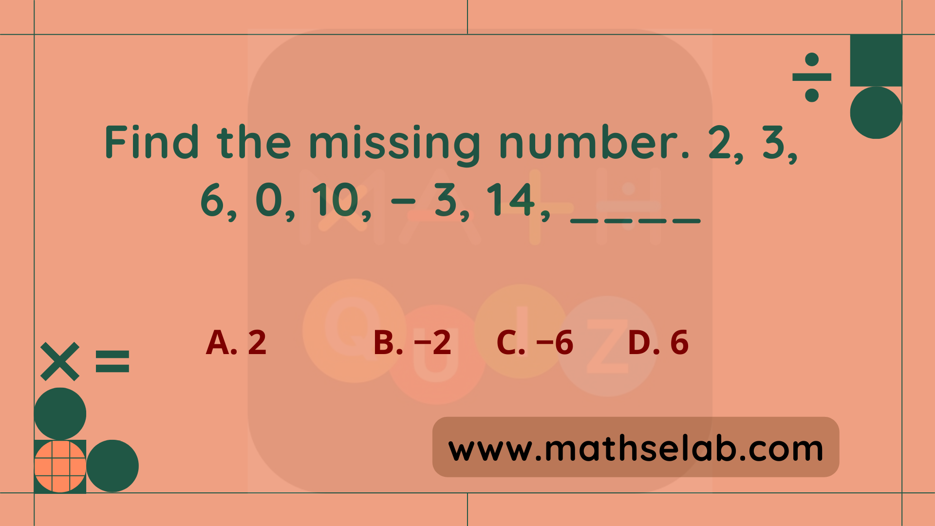Find the missing number. 2, 3, 6, 0, 10, − 3, 14, ____ - www.mathselab.com