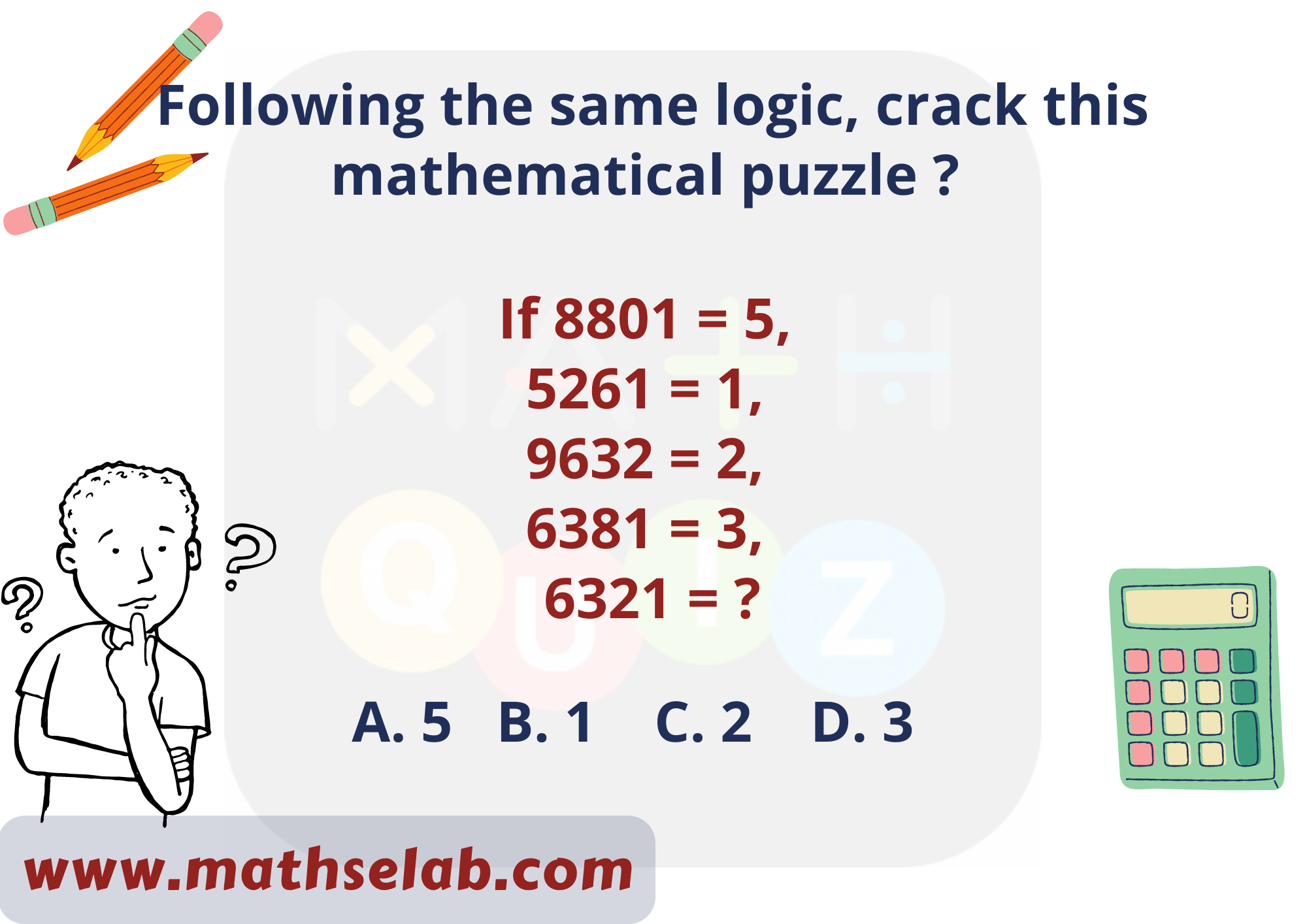 Following the same logic, crack this mathematical puzzle If 8801 = 5, 5261 = 1, 9632 = 2, 6381 = 3, 6321 = - www.mathselab.com
