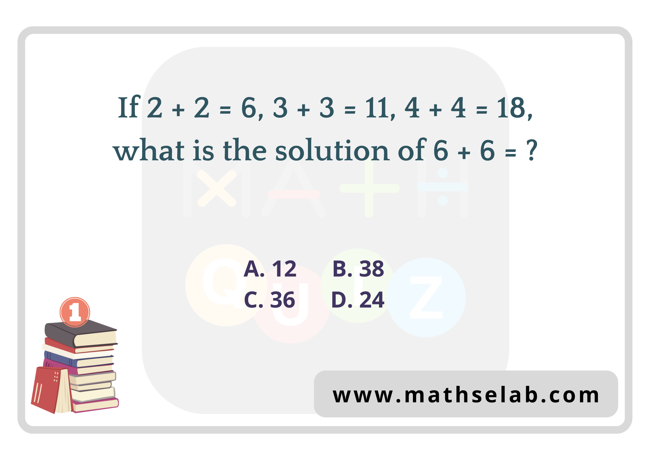 If 2 + 2 = 6, 3 + 3 = 11, 4 + 4 = 18, what is the solution of 6 + 6 = ?