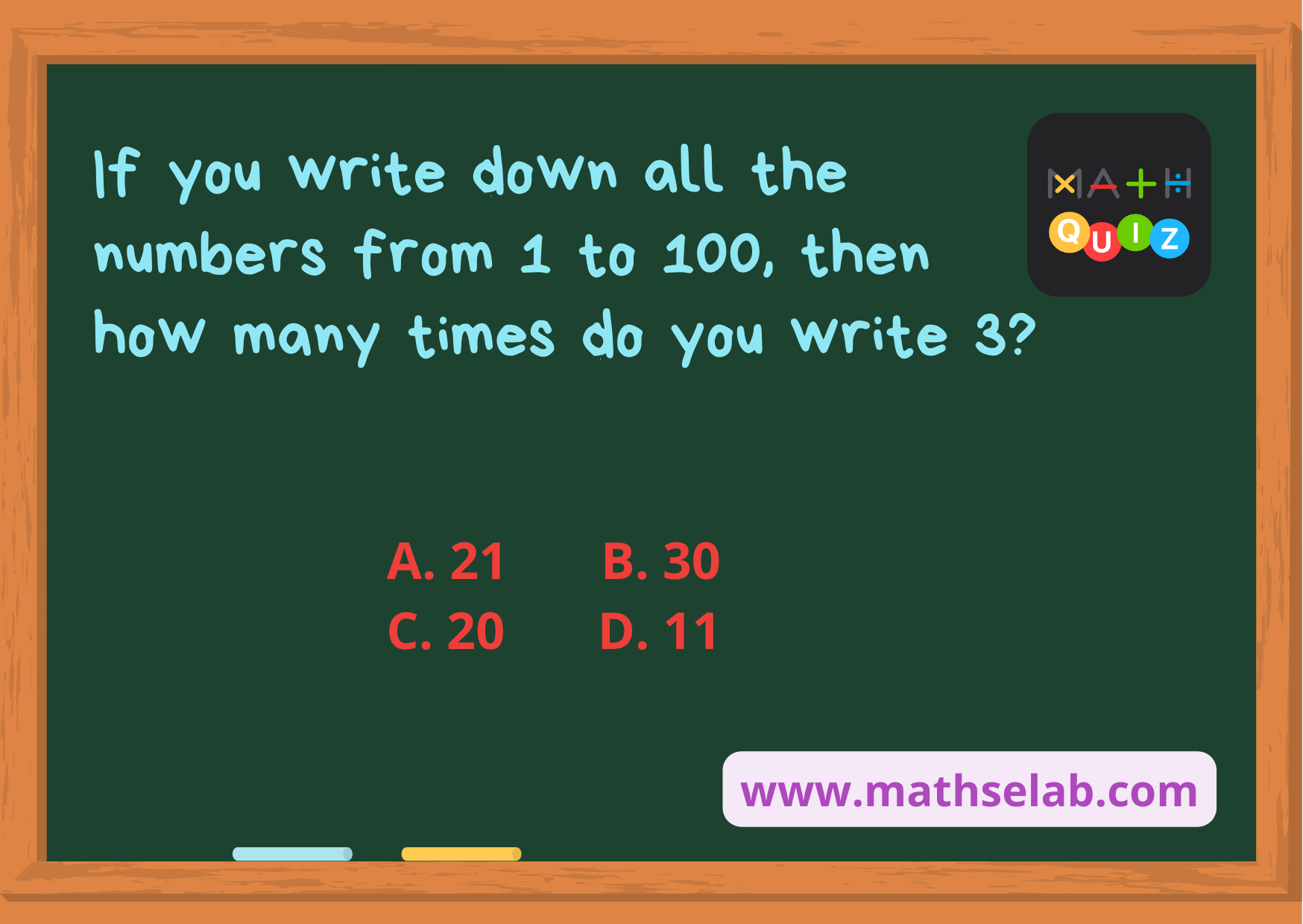 If you write down all the numbers from 1 to 100, then how many times do you write 3 - www.mathselab.com