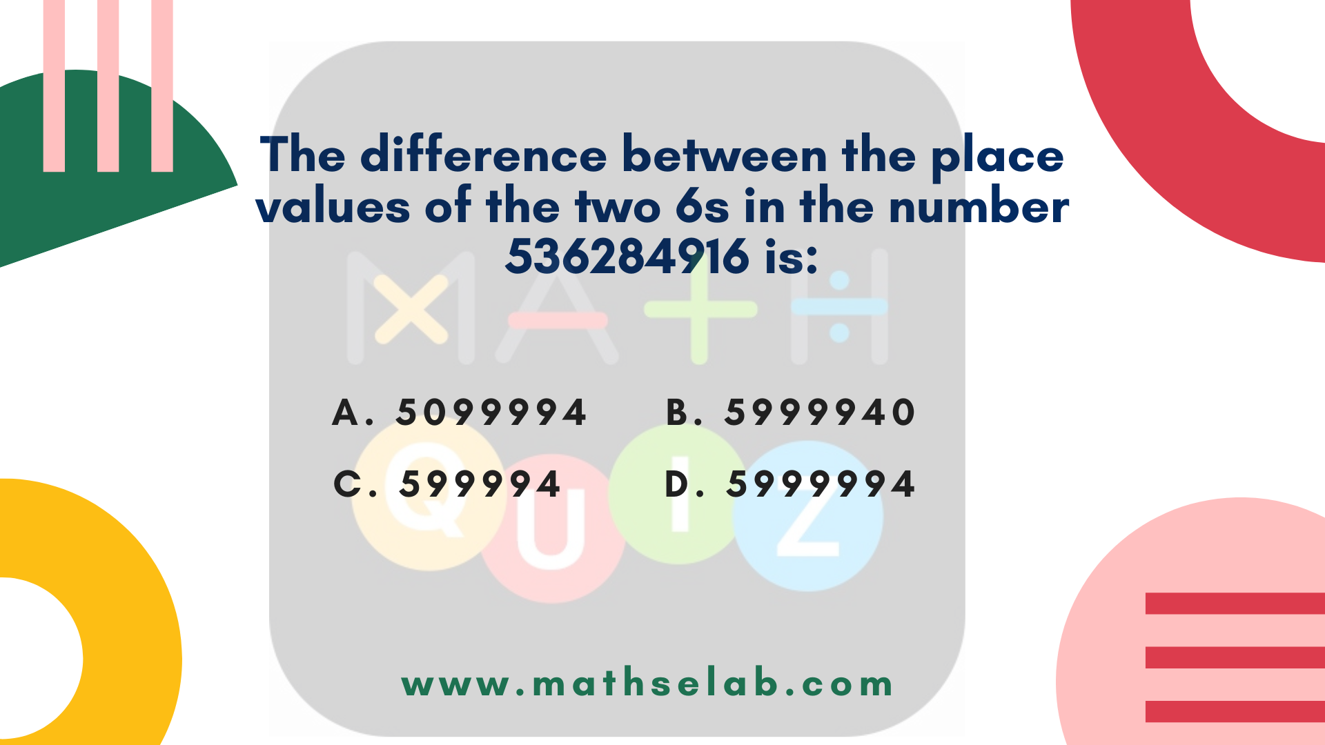 The difference between the place values of the two 6s in the number 536284916 is: