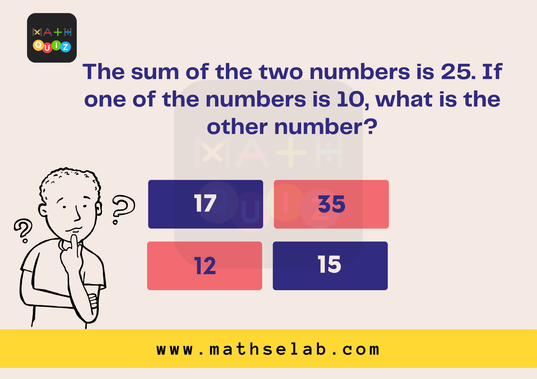 The sum of the two numbers is 25. If one of the numbers is 10, what is the other number - mathselab.com