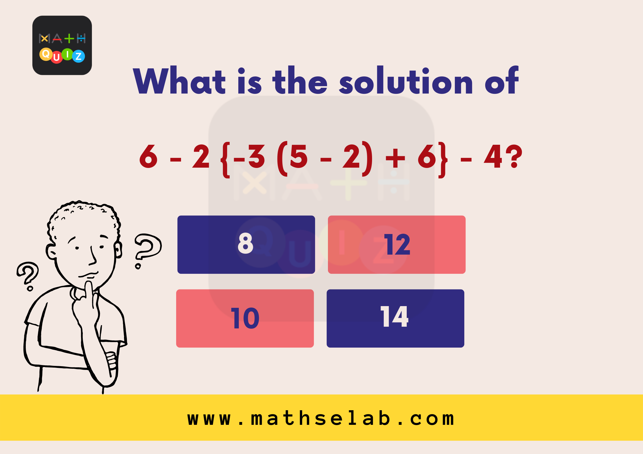 What is the solution of 6 - 2 {-3 (5 - 2) + 6} - 4 - mathselab.com