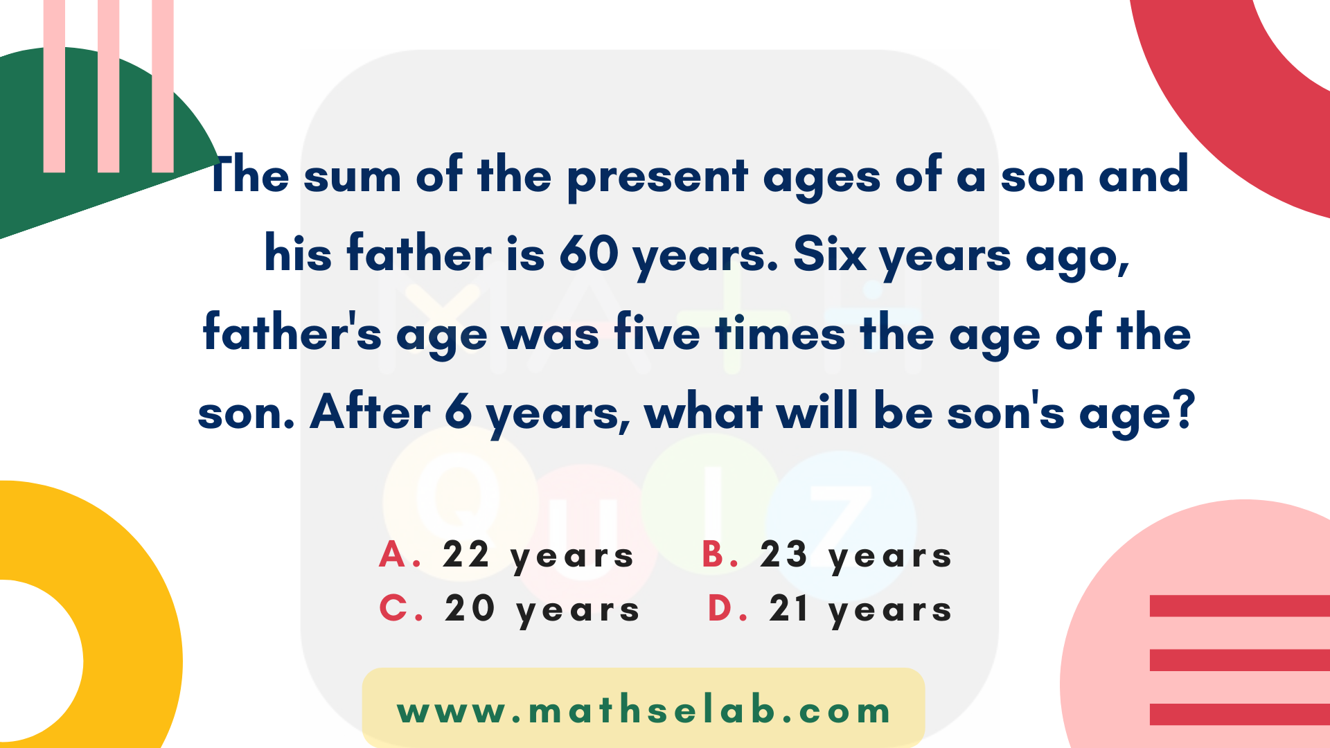 The sum of the present ages of a son and his father is 60 years. Six years ago, father's age was five times the age of the son. After 6 years, what will be son's age - www.mathselab.com
